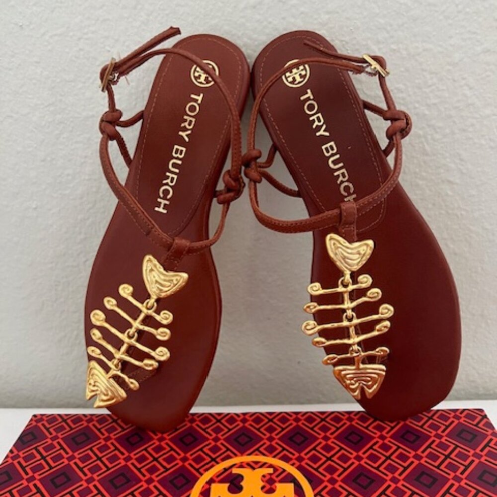 Tory Burch Brown Leather T-Strap Sandals with Gold Hardware - Picture 8 of 11